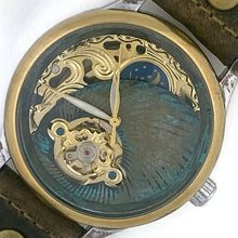 Load image into Gallery viewer, Moon Mechanical Watch, blue And Gold Dial with Leather Band