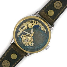 Load image into Gallery viewer, Moon Mechanical Watch, blue And Gold Dial with Leather Band
