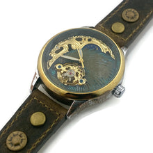 Load image into Gallery viewer, Moon Mechanical Watch, blue And Gold Dial with Leather Band