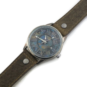 Automatic Mechanical Watch With Date, Blue Dial with  Brown  Leather Band