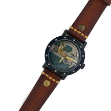 Load image into Gallery viewer, Automatic Mechanical Watch, Blue Background with Brown Leather Band