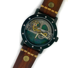 Load image into Gallery viewer, Automatic Mechanical Watch, Blue Background with Brown Leather Band