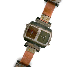 Load image into Gallery viewer, Two Time Zones Silver & Copper Watch, Copper & Green Dials