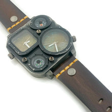 Load image into Gallery viewer, Large Dial Two Time Zone Watch with Compass And Thermometer Brown Leather Band
