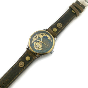 Moon Automatic Mechanical Watch, blue And Gold Dial with Leather Band