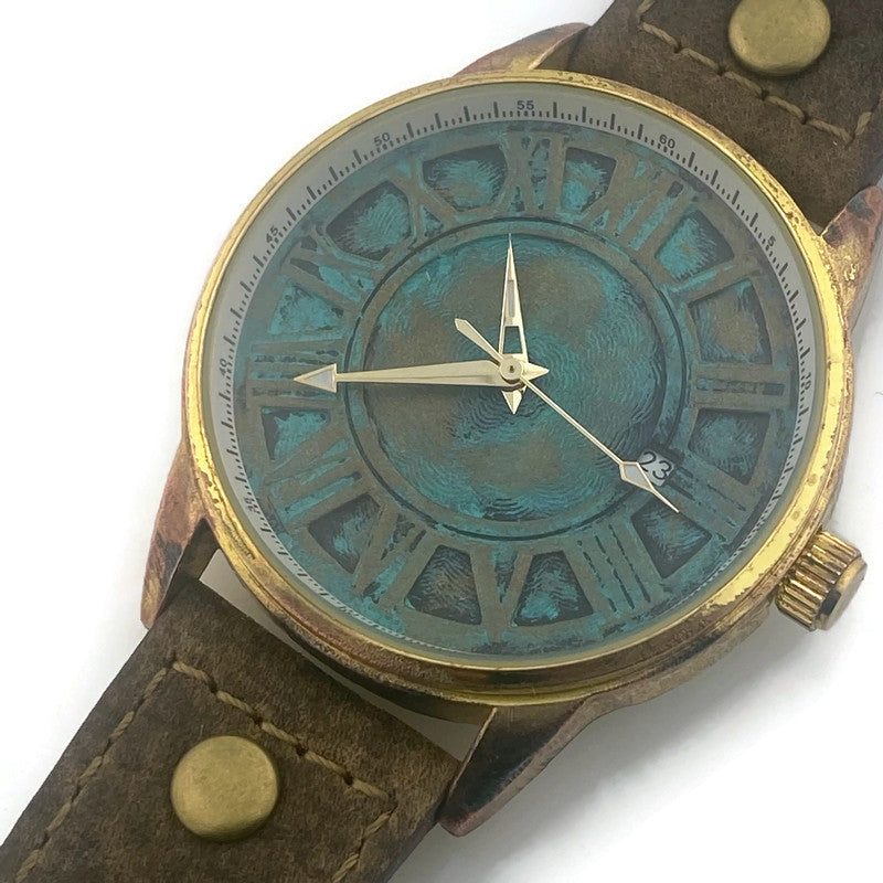 Automatic Mechanical Watch With Date, Blue Dial with  Brown  Leather Band