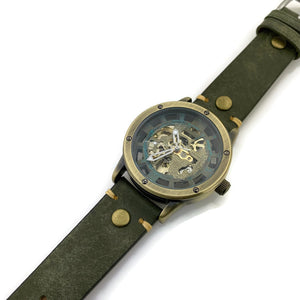 Automatic Mechanical Watch, Blue Dial with  Green Leather Band