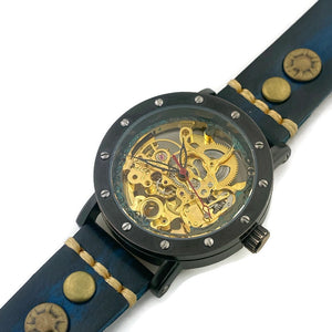 Automatic Mechanical Watch, Blue Dial with  Blue Leather Band