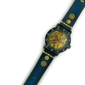 Automatic Mechanical Watch, Blue Dial with  Blue Leather Band