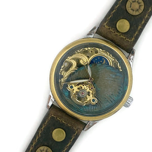 Moon Automatic Mechanical Watch, blue And Gold Dial with Leather Band