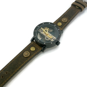 Automatic Mechanical Watch, Blue Background  with  Brown Leather Band