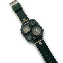 Load image into Gallery viewer, Large Dial Two Time Zone Watch with Compass And Thermometer Green Leather Band

