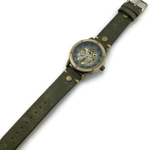 Automatic Mechanical Watch, Blue Dial with  Green Leather Band