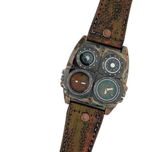 Load image into Gallery viewer, Men&#39;s Large Dial Two Time Zone Watch with Compass And Thermometer Leather Band
